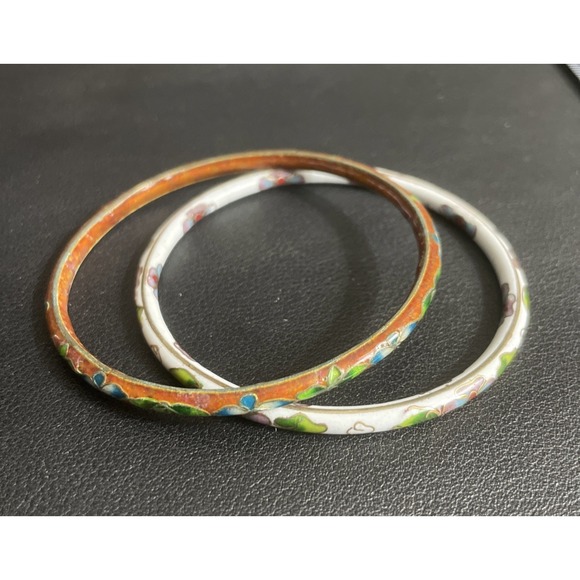 Vintage Cloisonne Floral Bangle Bracelet Set of 2 Enamel White Brown Gold Tone - Picture 2 of 14